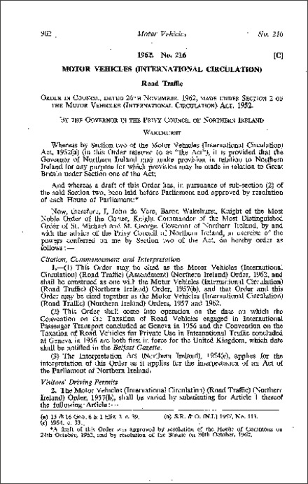 The Motor Vehicles (International Circulation) (Road Traffic) (Amendment) Order (Northern Ireland) 1962