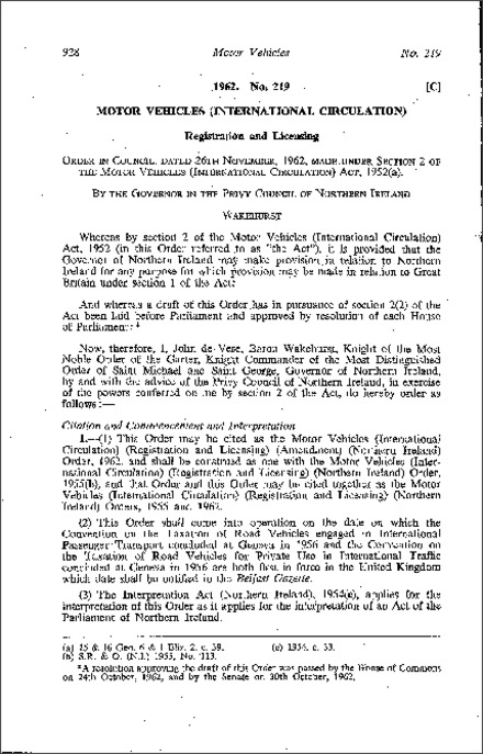 The Motor Vehicles (International Circulation) (Registration and Licensing) (Amendment) Order (Northern Ireland) 1962