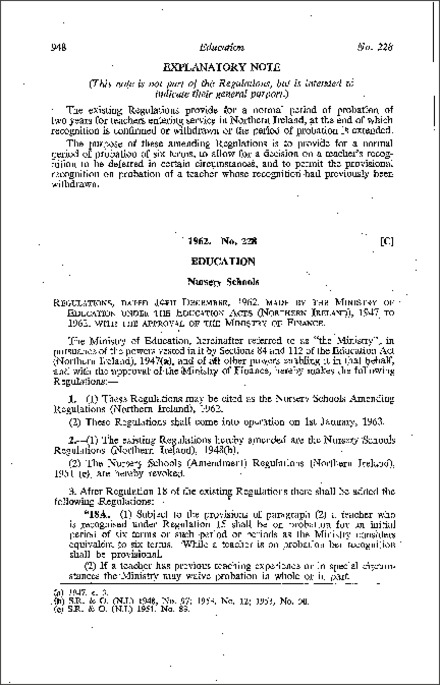 The Nursery Schools Amendment Regulations (Northern Ireland) 1962