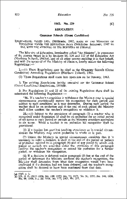 The Grammar Schools (Grant Conditions) Amendment Regulations (Northern Ireland) 1962