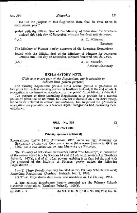 The Primary Schools (General) Amendment Regulations No. 2 (Northern Ireland) 1962