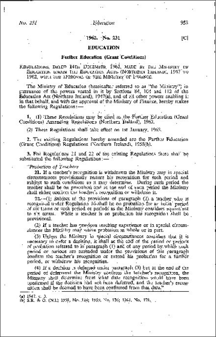 The Further Education (Grant Conditions) Amendment Regulations (Northern Ireland) 1962
