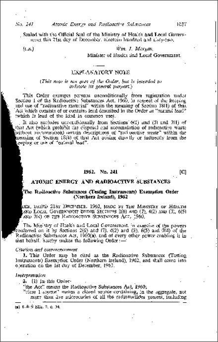 The Radioactive Substances (Testing Instruments) Exemption Order (Northern Ireland) 1962