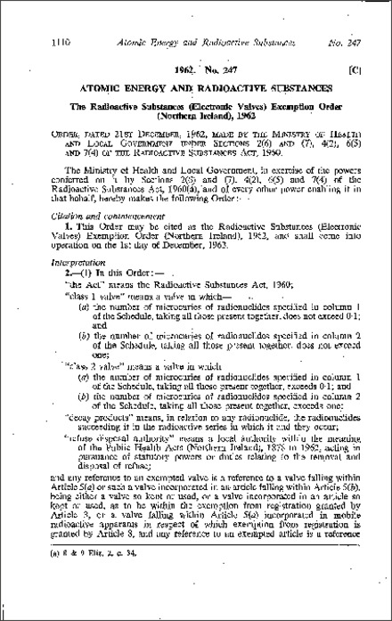 The Radioactive Substances (Electronic Valves) Exemption Order (Northern Ireland) 1962