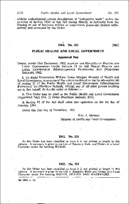 The Public Health and Local Government (Appointed Day) (No. 2) Order (Northern Ireland) 1962