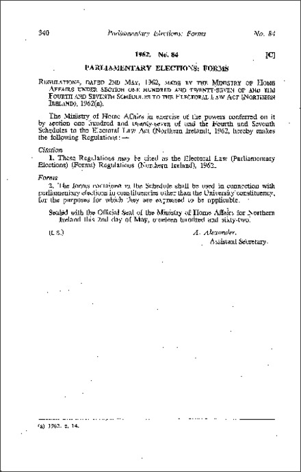 The Electoral Law (Parliamentary Elections) (Forms) Regulations (Northern Ireland) 1962