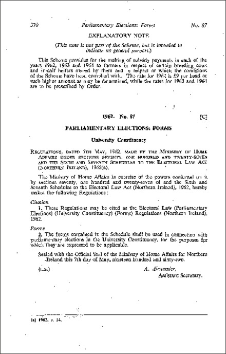 The Electoral Law (Parliamentary Elections) (University Constituency) (Forms) Regulations (Northern Ireland) 1962