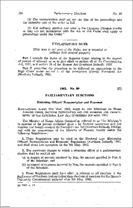 The Electoral Law (Returning Officers' Remuneration and Expenses) Regulations (Northern Ireland) 1962