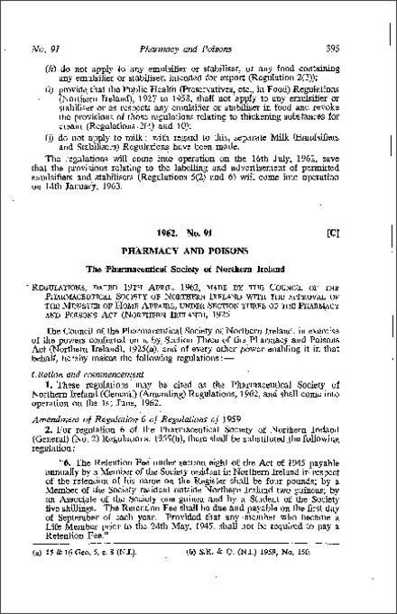 The Pharmaceutical Society of Northern Ireland (General) (Amendment) Regulations (Northern Ireland) 1962