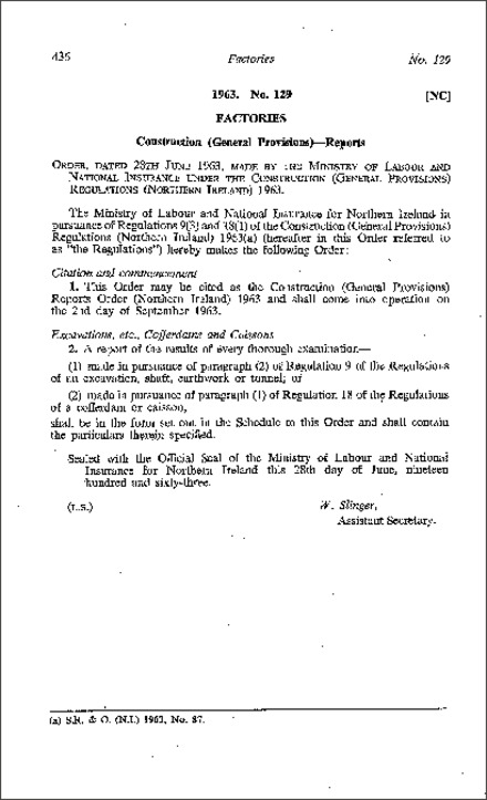 The Construction (General Provisions) Reports Order (Northern Ireland) 1963