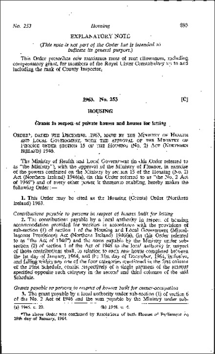 The Housing (Grants) Order (Northern Ireland) 1963