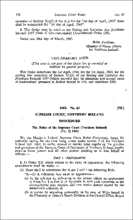 The Rules of the Supreme Court (No. 1) (Northern Ireland) 1963