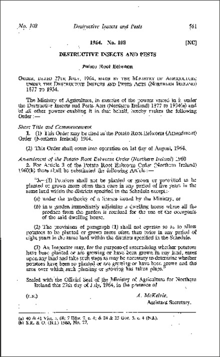 The Potato Root Eeelworm (Amendment) Order (Northern Ireland) 1964
