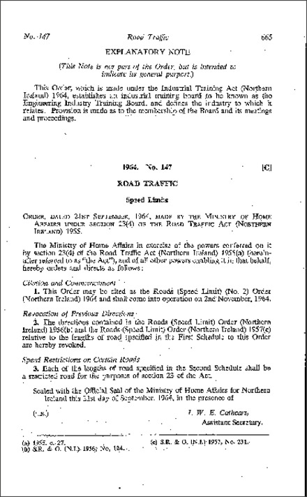 The Roads (Speed Limit) (No. 2) Order (Northern Ireland) 1964