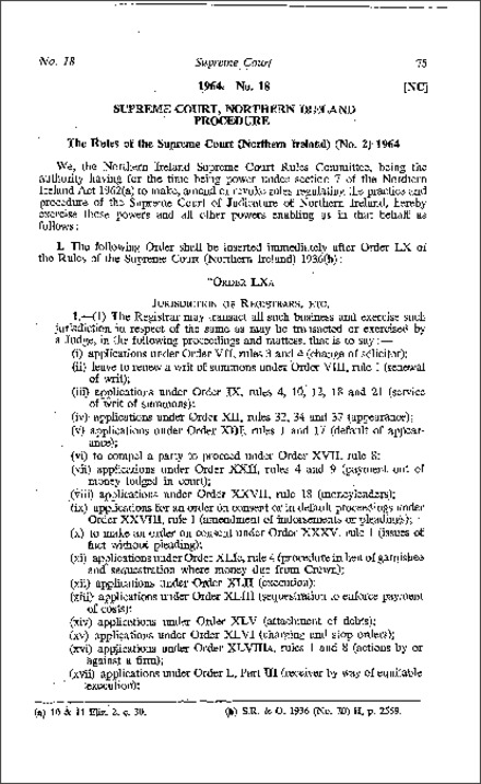 The Rules of the Supreme Court (No. 2) (Northern Ireland) 1964