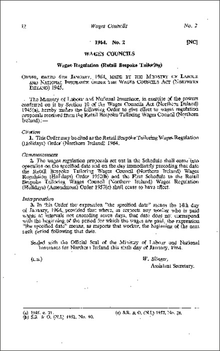 The Retail Bespoke Tailoring Wages Regulations (Holidays) Order (Northern Ireland) 1964