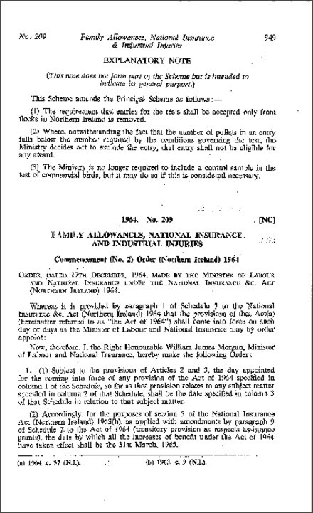 The Family Allowances, National Insurance and Industrial Injuries (Commencement) (No. 2) Order (Northern Ireland) 1964