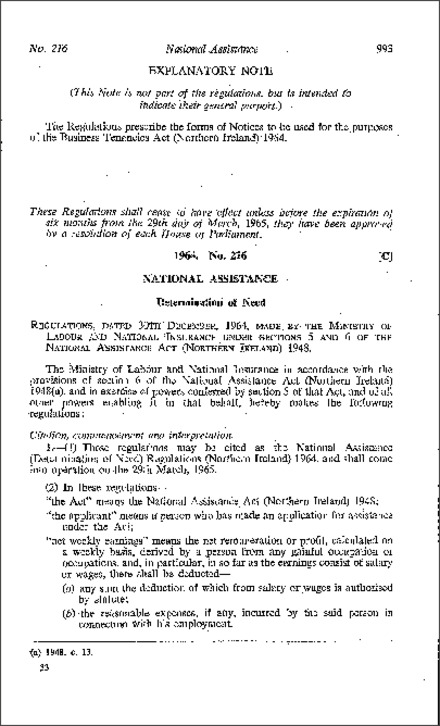The National Assistance (Determination of Need) Regulations (Northern Ireland) 1964