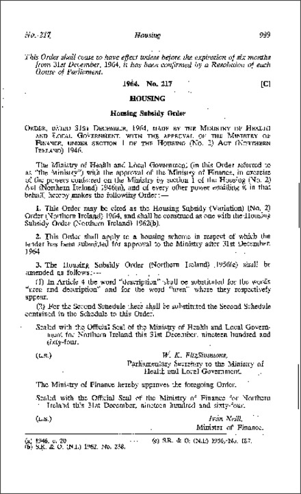 The Housing Subsidy (Variation) (No. 2) Order (Northern Ireland) 1964