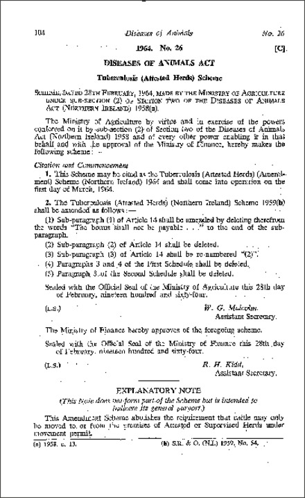 The Tuberculosis (Attested Herds) (Amendment) Scheme (Northern Ireland) 1964