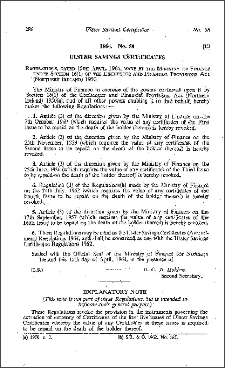 The Ulster Savings Certificates (Amendment) Regulations (Northern Ireland) 1964