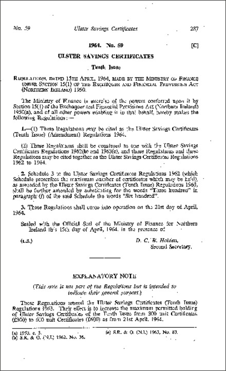 The Ulster Savings Certificates (Tenth Issue) (Amendment) Regulations (Northern Ireland) 1964