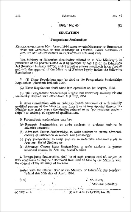 The Postgraduate Studentships Regulations (Northern Ireland) 1964
