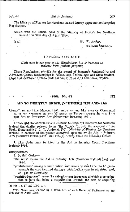 The Aid to Industry Order (Northern Ireland) 1964