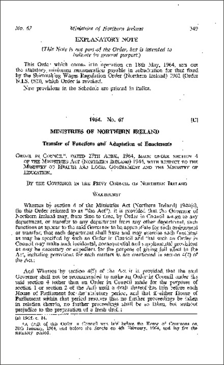 The Ministries (Transfer of Functions) Order (Northern Ireland) 1964