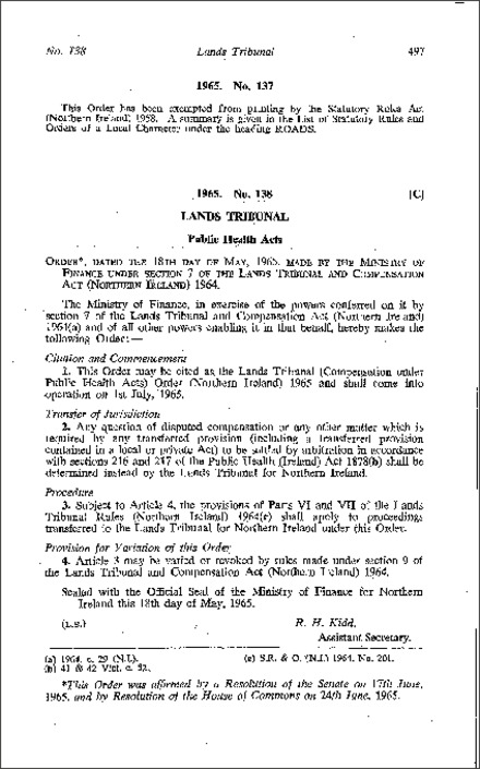 The Lands Tribunal (Compensation under Public Health Acts) Order (Northern Ireland) 1965