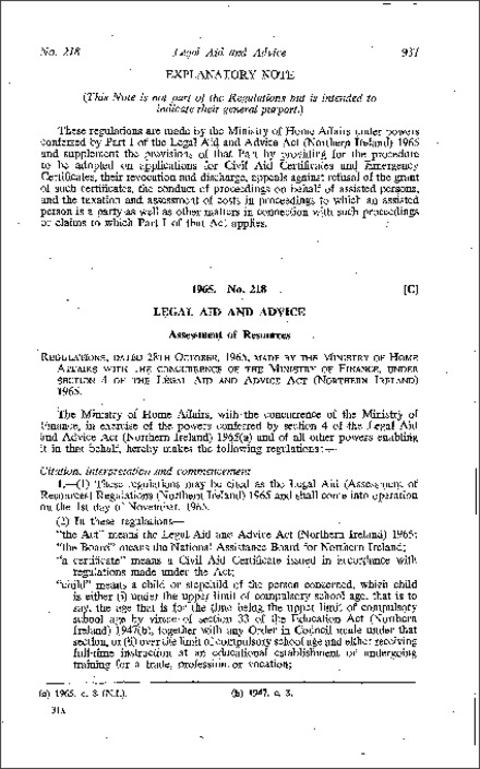 The Legal Aid (Assessment of Resources) Regulations (Northern Ireland) 1965