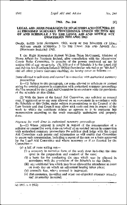 The Legal Aid (Remuneration of Solicitors and Counsel in Authorised Summary Proceedings) Order (Northern Ireland) 1965