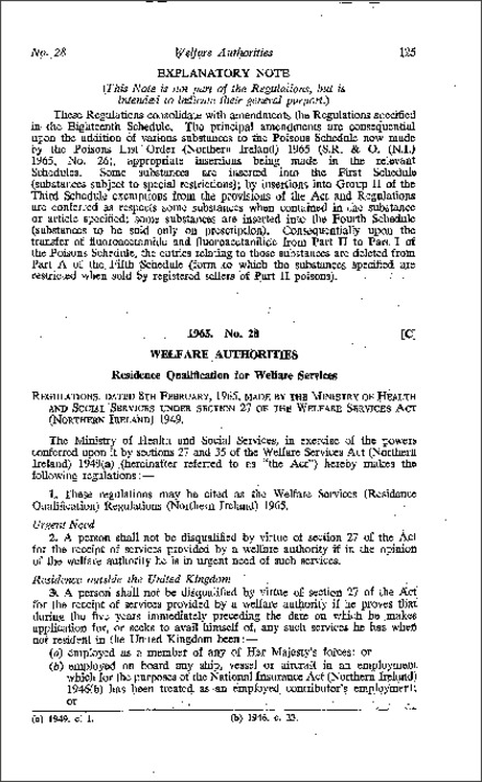 The Welfare Services (Residence Qualification) Regulations (Northern Ireland) 1965
