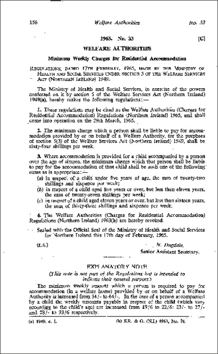 The Welfare Authorities (Charges for Residential Accommodation) Regulations (Northern Ireland) 1965