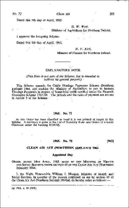 The Clean Air Act 1964 (Appointed Day) Order (Northern Ireland) 1965