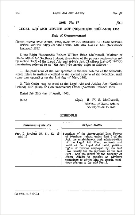 The Legal Aid and Advice Act 1965 (Date of Commencement) Order (Northern Ireland) 1965