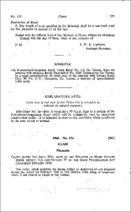 The Game Preservation (Pheasants) Order (Northern Ireland) 1966