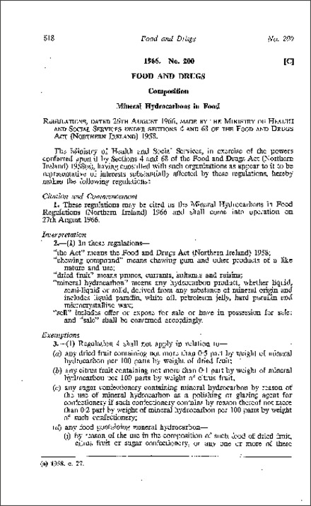The Mineral Hydrocarbons in Food Regulations (Northern Ireland) 1966