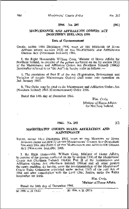 The Maintenance and Affiliation Orders Act 1966 (Commencement) Order (Northern Ireland) 1966
