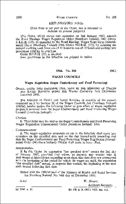 The Sugar Confectionery and Food Preserving Wages Regulations (Amendment) Order (Northern Ireland) 1966