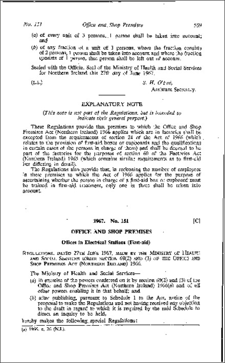 The Offices in Electrical Stations (First-aid) Regulations (Northern Ireland) 1967