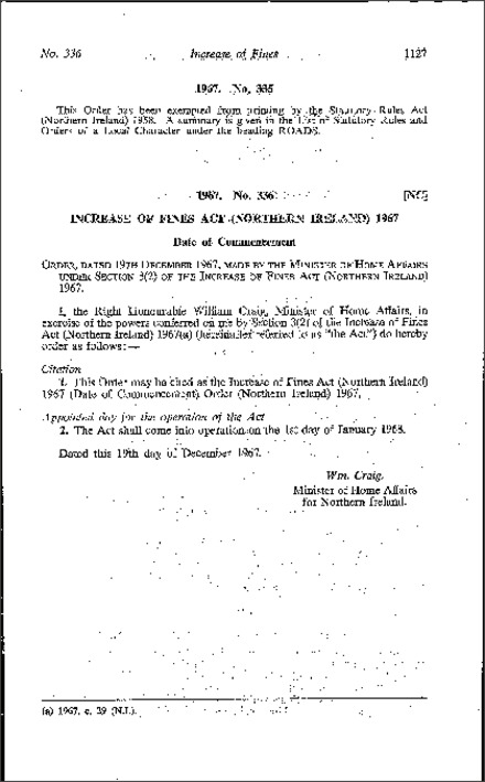 The Increase Of Fines Act 1967 Date Of Commencement Order Northern Ireland 1967
