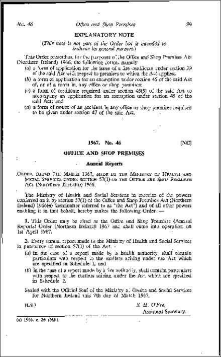 The Office and Shop Premises (Annual Reports) Order (Northern Ireland) 1967