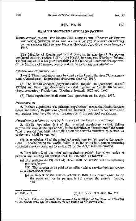 The Health Services (Superannuation) (Amendment) Regulations (Northern Ireland) 1967