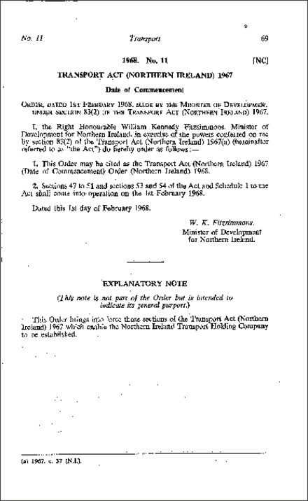 The Transport Act 1967 (Date of Commencement) Order (Northern Ireland) 1968
