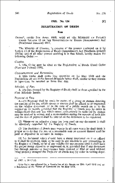 The Registration of Deeds (Fees) Order (Northern Ireland) 1968