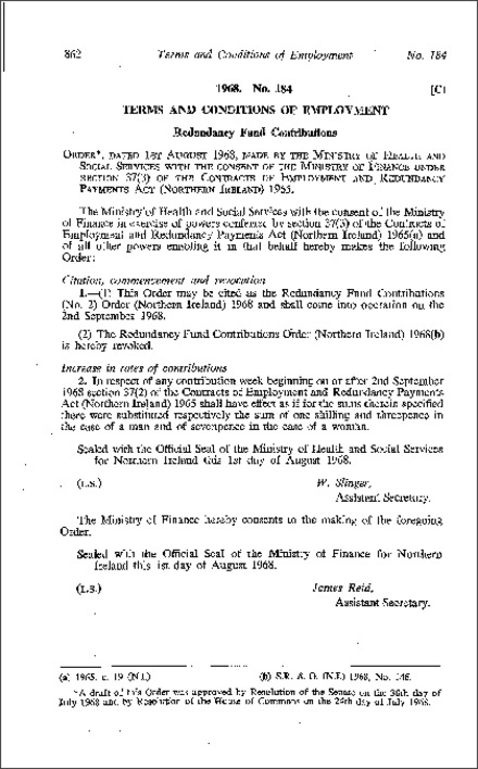The Redundancy Fund Contributions (No. 2) Order (Northern Ireland) 1968