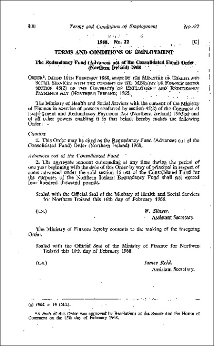 The Redundancy Fund (Advances out of the Consolidated Fund) Order (Northern Ireland) 1968
