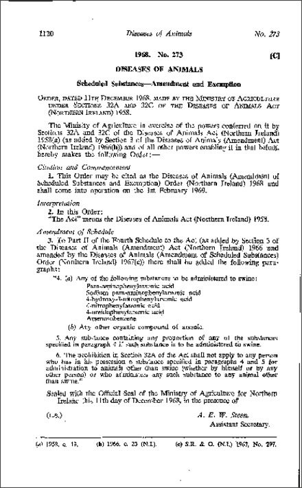 The Diseases of Animals (Amendment of Scheduled Substances and Exemption) Order (Northern Ireland) 1968
