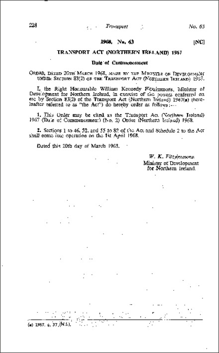 The Transport Act 1967 (Date of Commencement) (No. 2) Order (Northern Ireland) 1968